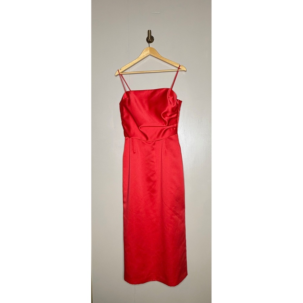 Donna Morgan Vintage‎ Red Satin Midi Dress Spaghetti Strap Lime Green Lining 14